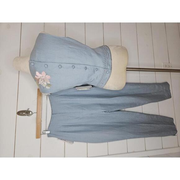 NWT Donna Morgan blue with pink embroidered floral sleeveless blouse & pants set - Picture 2 of 7